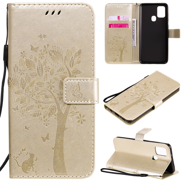 Custodia in pelle a ribalta orizzontale con motivo in rilievo albero e gatto con supporto e fessure per carte, portafoglio e cordino, For Nokia 2.3, For Samsung Galaxy A21s