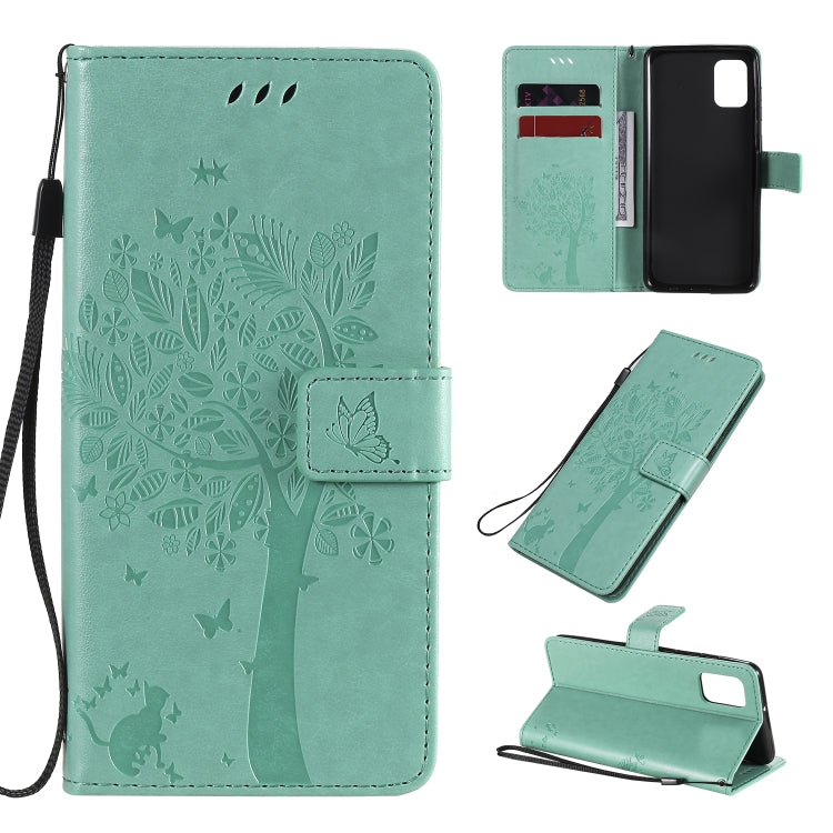 Custodia in pelle a ribalta orizzontale con motivo in rilievo albero e gatto con supporto e fessure per carte, portafoglio e cordino, For Samsung Galaxy A31, For Samsung Galaxy A41