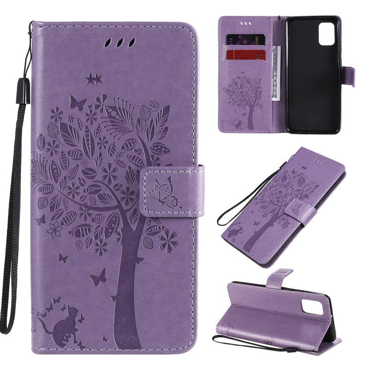 Custodia in pelle a ribalta orizzontale con motivo in rilievo albero e gatto con supporto e fessure per carte, portafoglio e cordino, For Samsung Galaxy A31, For Samsung Galaxy A41