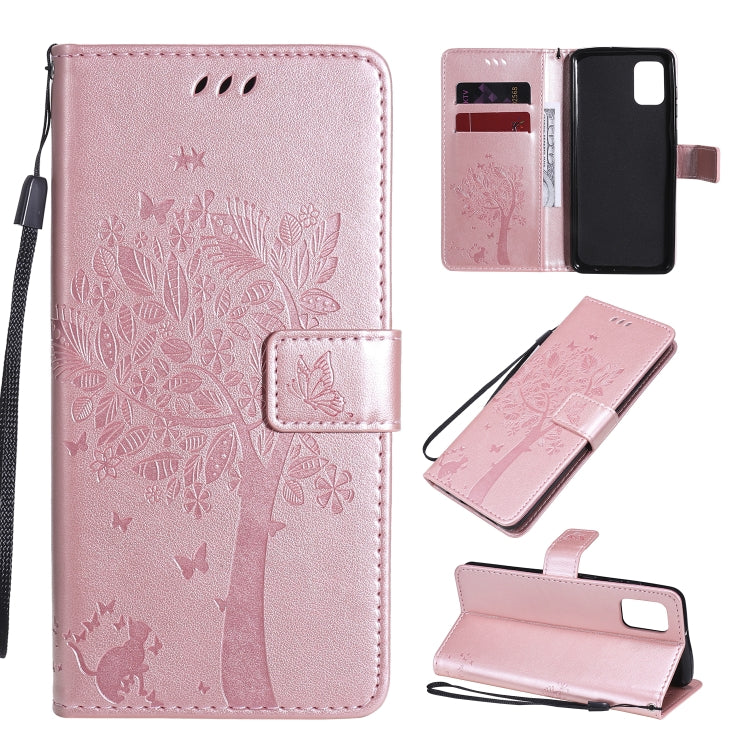 Custodia in pelle a ribalta orizzontale con motivo in rilievo albero e gatto con supporto e fessure per carte, portafoglio e cordino, For Samsung Galaxy A31, For Samsung Galaxy A41