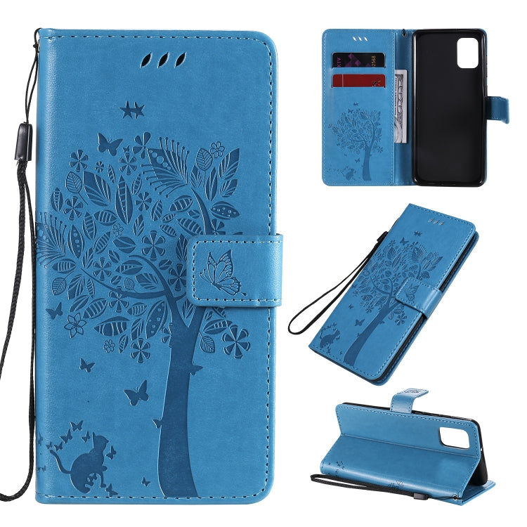 Custodia in pelle a ribalta orizzontale con motivo in rilievo albero e gatto con supporto e fessure per carte, portafoglio e cordino, For Samsung Galaxy A31, For Samsung Galaxy A41