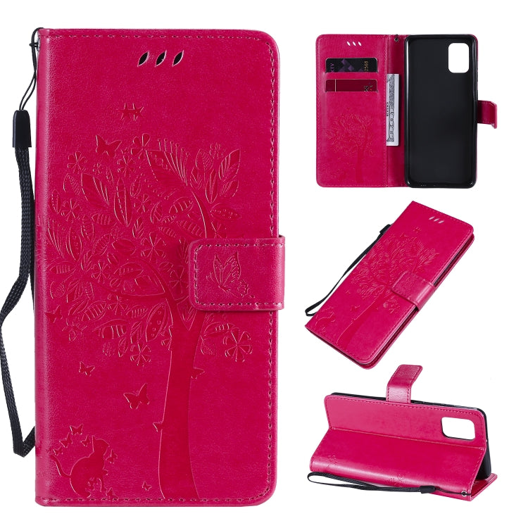 Custodia in pelle a ribalta orizzontale con motivo in rilievo albero e gatto con supporto e fessure per carte, portafoglio e cordino, For Samsung Galaxy A31, For Samsung Galaxy A41
