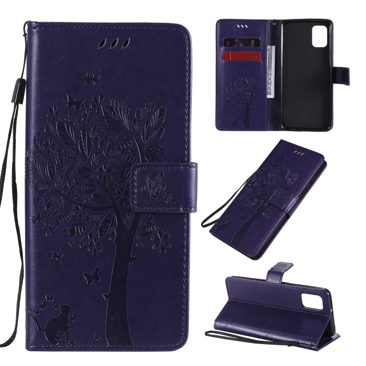 Custodia in pelle a ribalta orizzontale con motivo in rilievo albero e gatto con supporto e fessure per carte, portafoglio e cordino, For Samsung Galaxy A31, For Samsung Galaxy A41