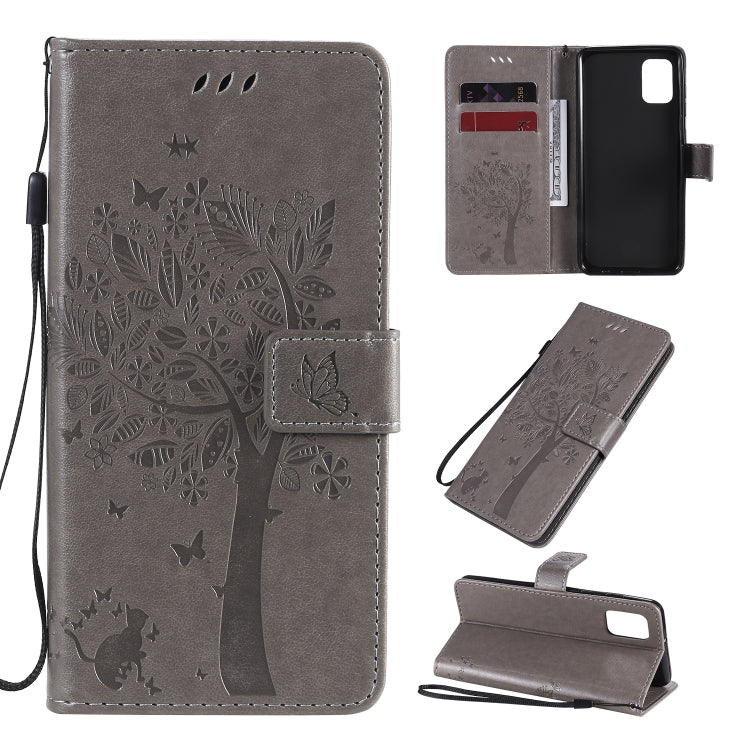 Custodia in pelle a ribalta orizzontale con motivo in rilievo albero e gatto con supporto e fessure per carte, portafoglio e cordino, For Samsung Galaxy A31, For Samsung Galaxy A41