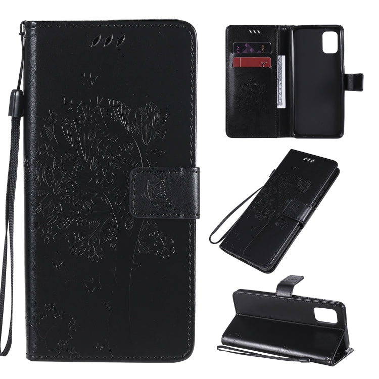 Custodia in pelle a ribalta orizzontale con motivo in rilievo albero e gatto con supporto e fessure per carte, portafoglio e cordino, For Samsung Galaxy A31, For Samsung Galaxy A41