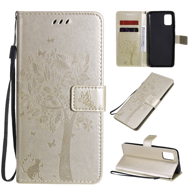 Custodia in pelle a ribalta orizzontale con motivo in rilievo albero e gatto con supporto e fessure per carte, portafoglio e cordino, For Samsung Galaxy A31, For Samsung Galaxy A41