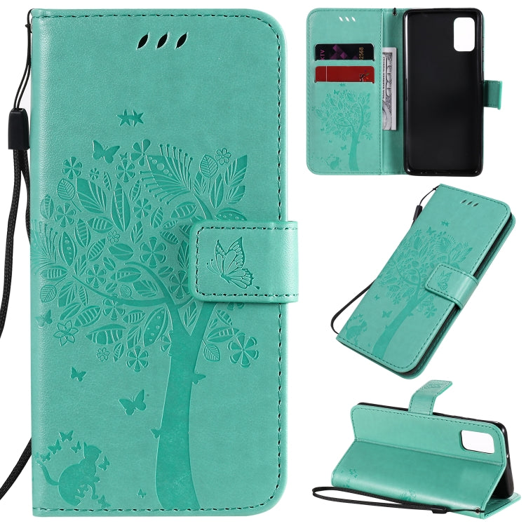 Custodia in pelle a ribalta orizzontale con motivo in rilievo albero e gatto con supporto e fessure per carte, portafoglio e cordino, For Samsung Galaxy A31, For Samsung Galaxy A41