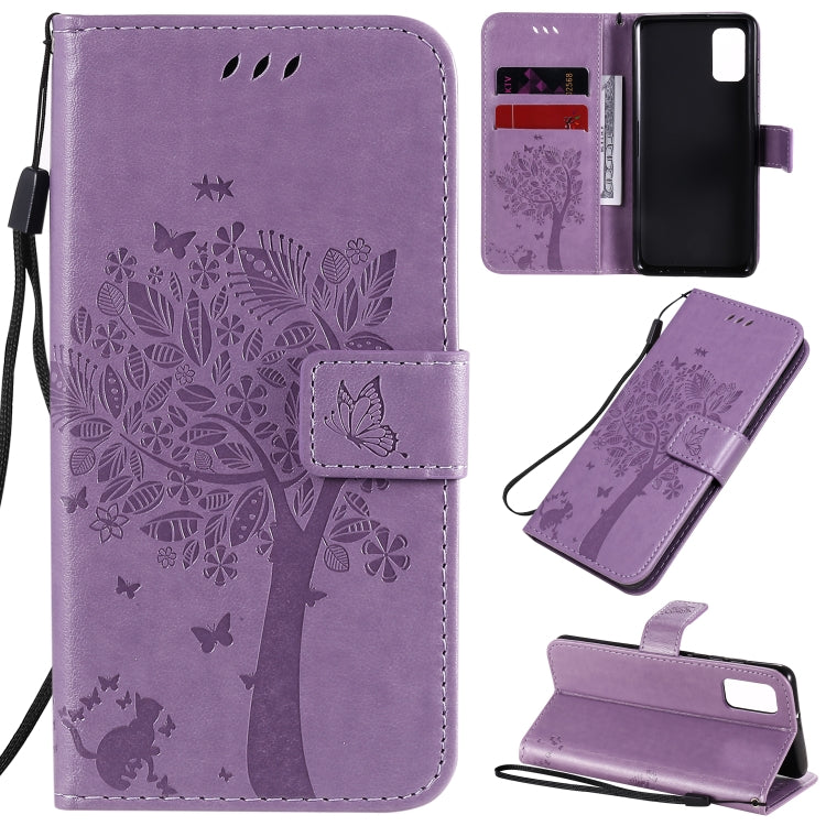 Custodia in pelle a ribalta orizzontale con motivo in rilievo albero e gatto con supporto e fessure per carte, portafoglio e cordino, For Samsung Galaxy A31, For Samsung Galaxy A41