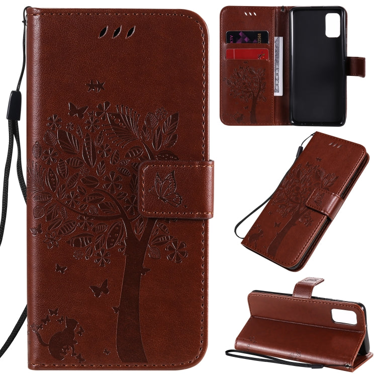 Custodia in pelle a ribalta orizzontale con motivo in rilievo albero e gatto con supporto e fessure per carte, portafoglio e cordino, For Samsung Galaxy A31, For Samsung Galaxy A41