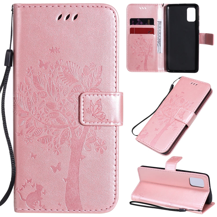 Custodia in pelle a ribalta orizzontale con motivo in rilievo albero e gatto con supporto e fessure per carte, portafoglio e cordino, For Samsung Galaxy A31, For Samsung Galaxy A41