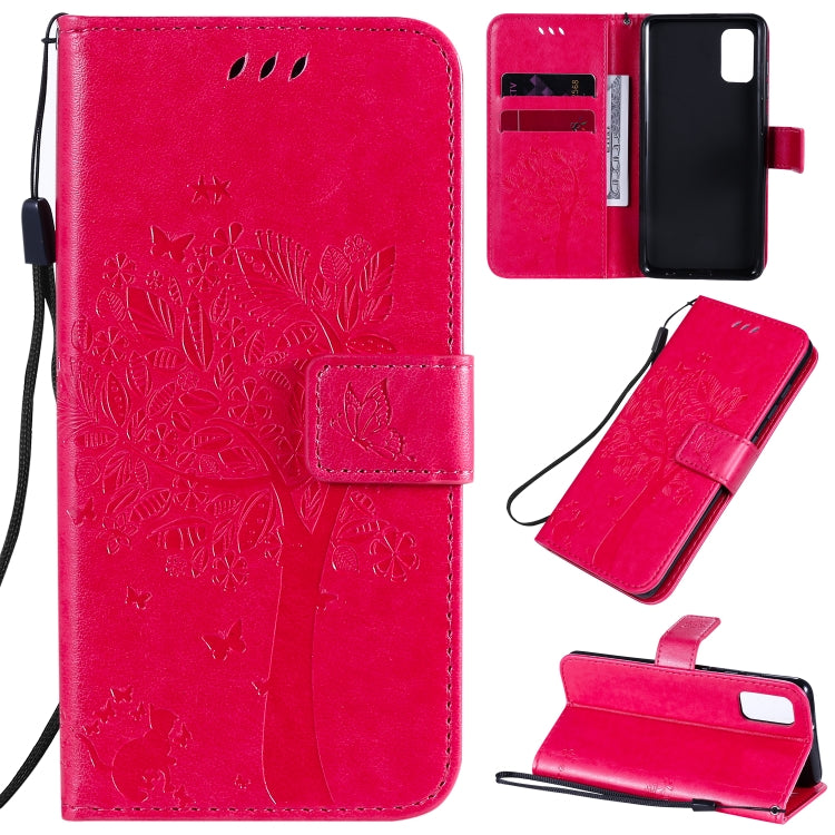 Custodia in pelle a ribalta orizzontale con motivo in rilievo albero e gatto con supporto e fessure per carte, portafoglio e cordino, For Samsung Galaxy A31, For Samsung Galaxy A41