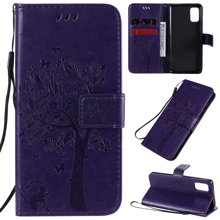 Custodia in pelle a ribalta orizzontale con motivo in rilievo albero e gatto con supporto e fessure per carte, portafoglio e cordino, For Samsung Galaxy A31, For Samsung Galaxy A41