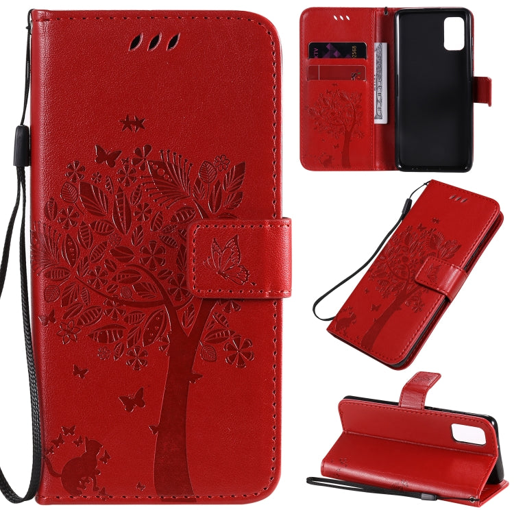 Custodia in pelle a ribalta orizzontale con motivo in rilievo albero e gatto con supporto e fessure per carte, portafoglio e cordino, For Samsung Galaxy A31, For Samsung Galaxy A41