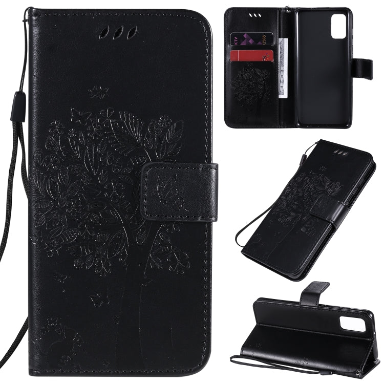 Custodia in pelle a ribalta orizzontale con motivo in rilievo albero e gatto con supporto e fessure per carte, portafoglio e cordino, For Samsung Galaxy A31, For Samsung Galaxy A41