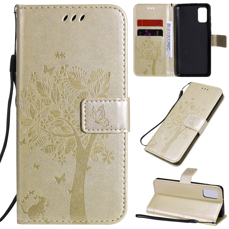 Custodia in pelle a ribalta orizzontale con motivo in rilievo albero e gatto con supporto e fessure per carte, portafoglio e cordino, For Samsung Galaxy A31, For Samsung Galaxy A41