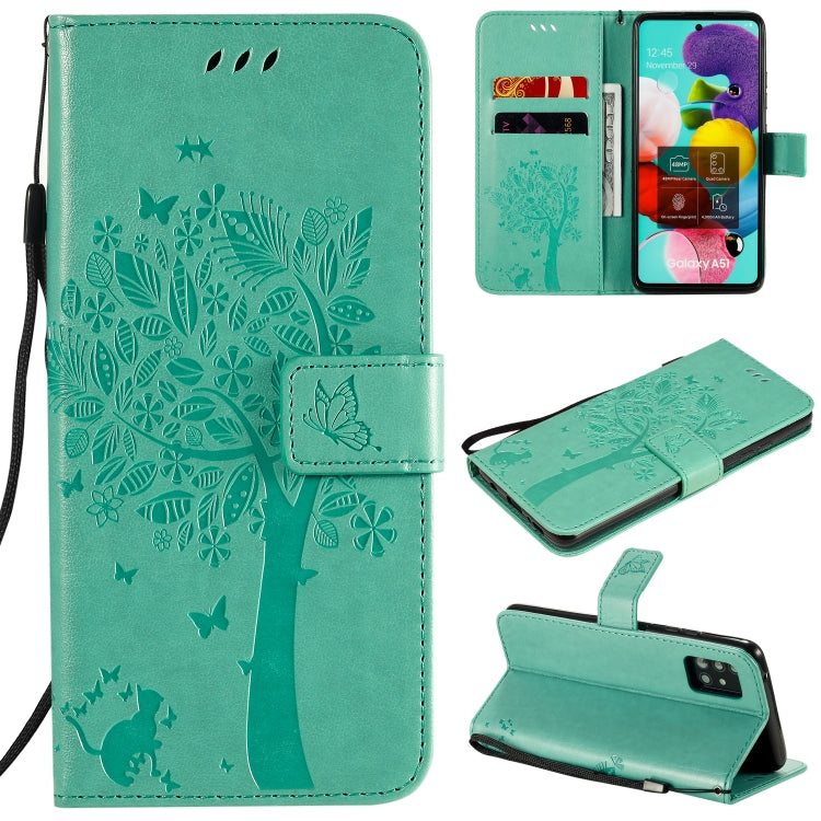 Custodia in pelle a ribalta orizzontale con motivo in rilievo albero e gatto con supporto e fessure per carte, portafoglio e cordino, For Samsung Galaxy A51 5G, For Samsung Galaxy A71 5G