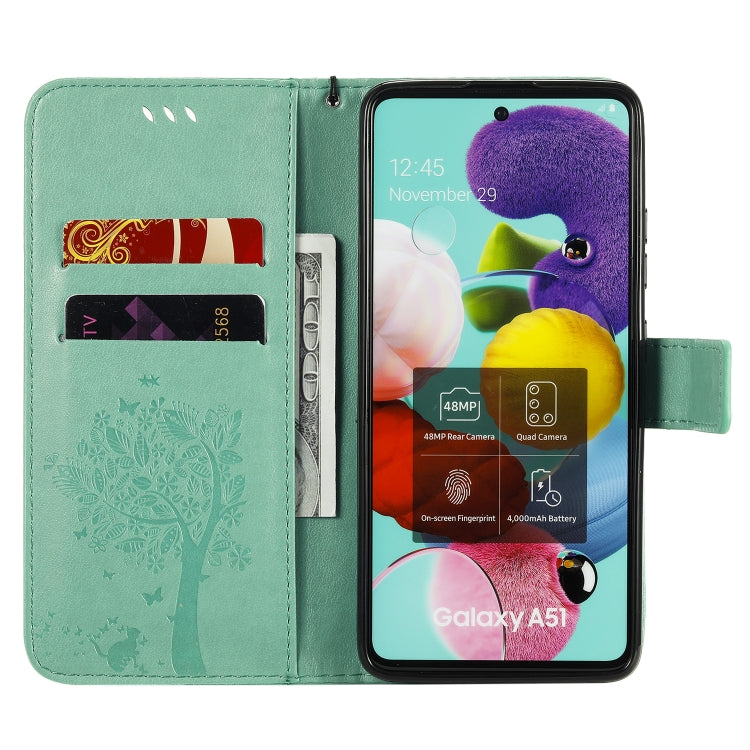 Custodia in pelle a ribalta orizzontale con motivo in rilievo albero e gatto con supporto e fessure per carte, portafoglio e cordino, For Samsung Galaxy A51 5G, For Samsung Galaxy A71 5G