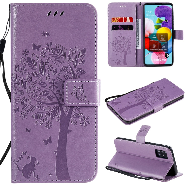 Custodia in pelle a ribalta orizzontale con motivo in rilievo albero e gatto con supporto e fessure per carte, portafoglio e cordino, For Samsung Galaxy A51 5G, For Samsung Galaxy A71 5G