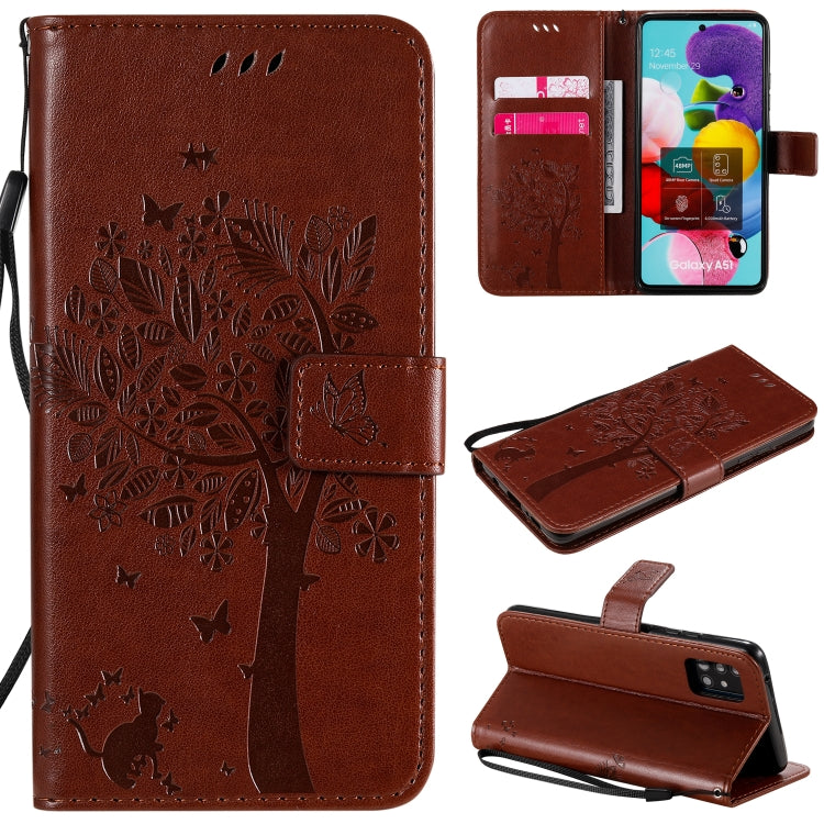 Custodia in pelle a ribalta orizzontale con motivo in rilievo albero e gatto con supporto e fessure per carte, portafoglio e cordino, For Samsung Galaxy A51 5G, For Samsung Galaxy A71 5G
