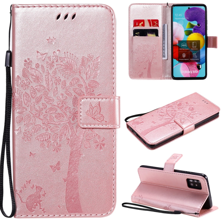 Custodia in pelle a ribalta orizzontale con motivo in rilievo albero e gatto con supporto e fessure per carte, portafoglio e cordino, For Samsung Galaxy A51 5G, For Samsung Galaxy A71 5G