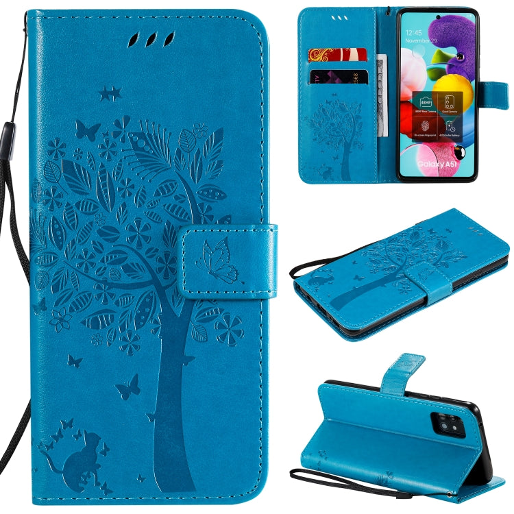Custodia in pelle a ribalta orizzontale con motivo in rilievo albero e gatto con supporto e fessure per carte, portafoglio e cordino, For Samsung Galaxy A51 5G, For Samsung Galaxy A71 5G