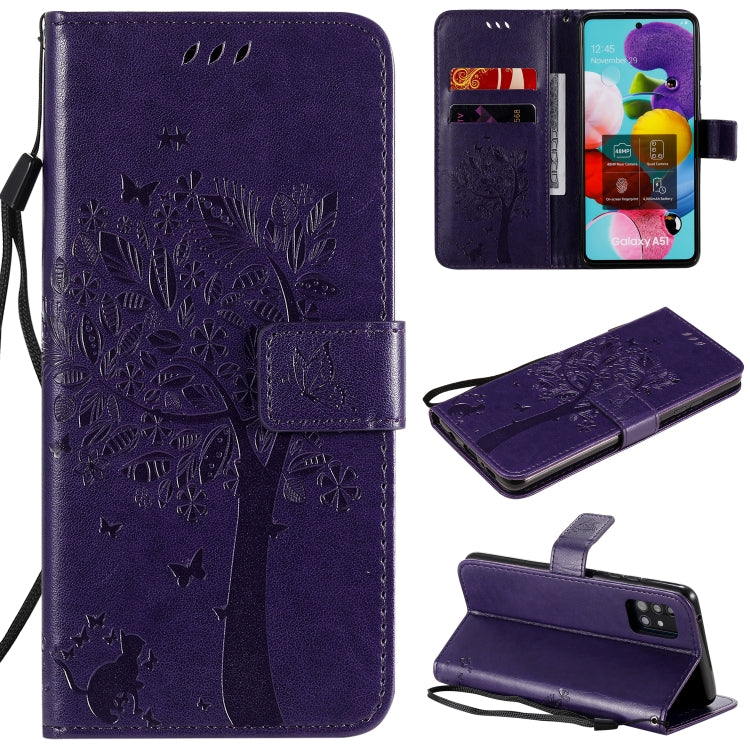 Custodia in pelle a ribalta orizzontale con motivo in rilievo albero e gatto con supporto e fessure per carte, portafoglio e cordino, For Samsung Galaxy A51 5G, For Samsung Galaxy A71 5G