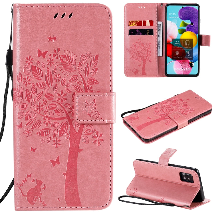 Custodia in pelle a ribalta orizzontale con motivo in rilievo albero e gatto con supporto e fessure per carte, portafoglio e cordino, For Samsung Galaxy A51 5G, For Samsung Galaxy A71 5G