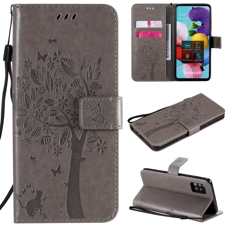 Custodia in pelle a ribalta orizzontale con motivo in rilievo albero e gatto con supporto e fessure per carte, portafoglio e cordino, For Samsung Galaxy A51 5G, For Samsung Galaxy A71 5G