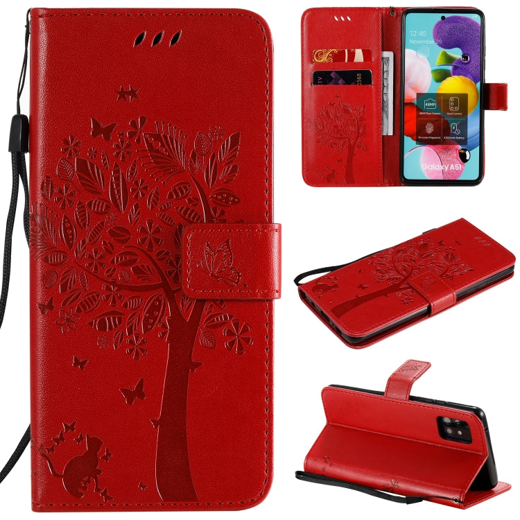 Custodia in pelle a ribalta orizzontale con motivo in rilievo albero e gatto con supporto e fessure per carte, portafoglio e cordino, For Samsung Galaxy A51 5G, For Samsung Galaxy A71 5G