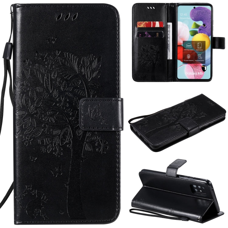 Custodia in pelle a ribalta orizzontale con motivo in rilievo albero e gatto con supporto e fessure per carte, portafoglio e cordino, For Samsung Galaxy A51 5G, For Samsung Galaxy A71 5G