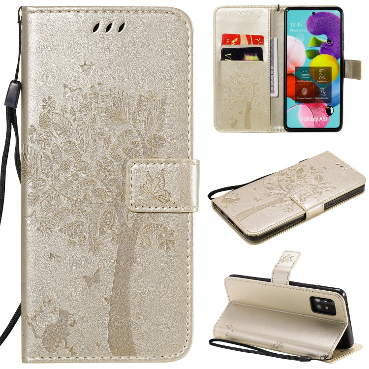Custodia in pelle a ribalta orizzontale con motivo in rilievo albero e gatto con supporto e fessure per carte, portafoglio e cordino, For Samsung Galaxy A51 5G, For Samsung Galaxy A71 5G