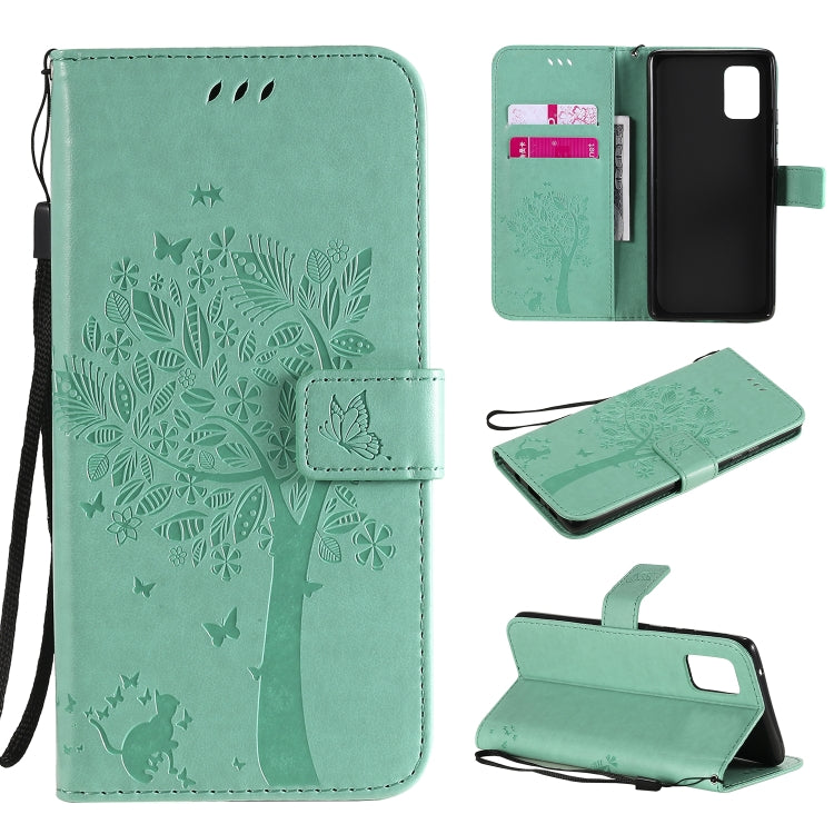 Custodia in pelle a ribalta orizzontale con motivo in rilievo albero e gatto con supporto e fessure per carte, portafoglio e cordino, For Samsung Galaxy A51 5G, For Samsung Galaxy A71 5G