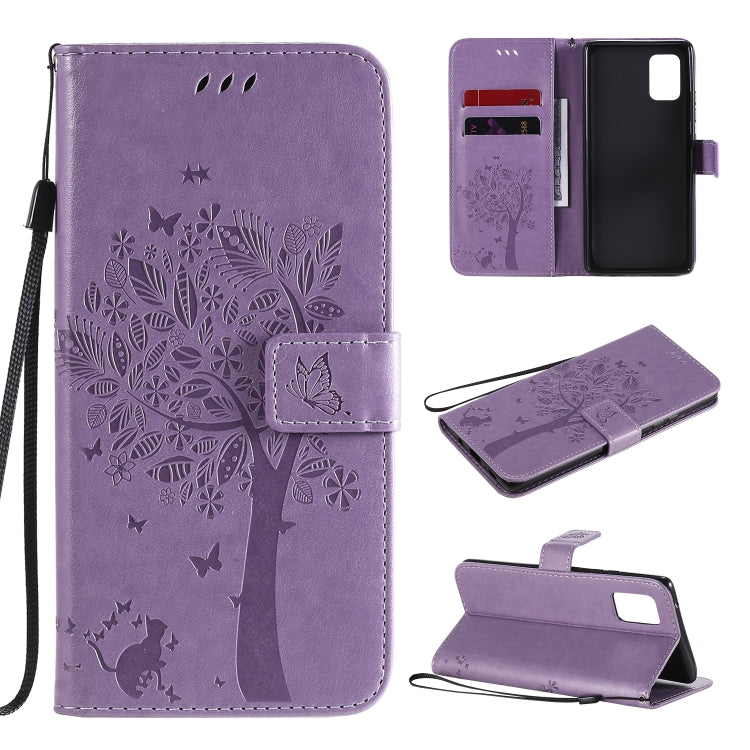 Custodia in pelle a ribalta orizzontale con motivo in rilievo albero e gatto con supporto e fessure per carte, portafoglio e cordino, For Samsung Galaxy A51 5G, For Samsung Galaxy A71 5G