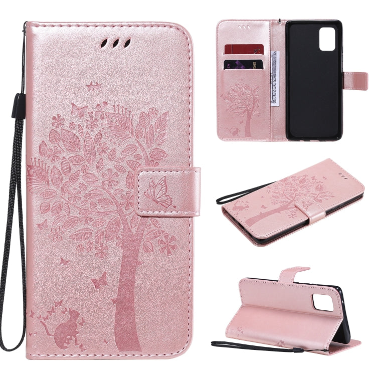 Custodia in pelle a ribalta orizzontale con motivo in rilievo albero e gatto con supporto e fessure per carte, portafoglio e cordino, For Samsung Galaxy A51 5G, For Samsung Galaxy A71 5G