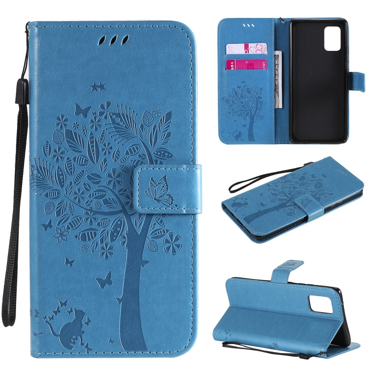 Custodia in pelle a ribalta orizzontale con motivo in rilievo albero e gatto con supporto e fessure per carte, portafoglio e cordino, For Samsung Galaxy A51 5G, For Samsung Galaxy A71 5G