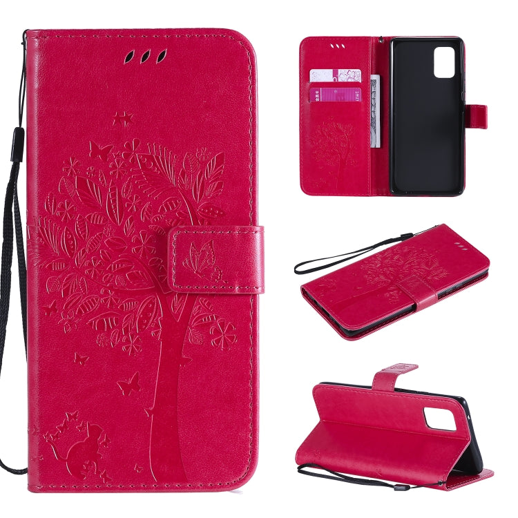 Custodia in pelle a ribalta orizzontale con motivo in rilievo albero e gatto con supporto e fessure per carte, portafoglio e cordino, For Samsung Galaxy A51 5G, For Samsung Galaxy A71 5G
