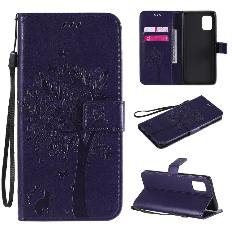 Custodia in pelle a ribalta orizzontale con motivo in rilievo albero e gatto con supporto e fessure per carte, portafoglio e cordino, For Samsung Galaxy A51 5G, For Samsung Galaxy A71 5G