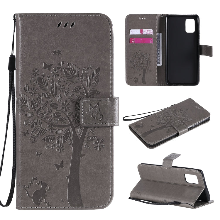 Custodia in pelle a ribalta orizzontale con motivo in rilievo albero e gatto con supporto e fessure per carte, portafoglio e cordino, For Samsung Galaxy A51 5G, For Samsung Galaxy A71 5G