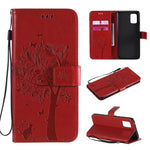 Custodia in pelle a ribalta orizzontale con motivo in rilievo albero e gatto con supporto e fessure per carte, portafoglio e cordino, For Samsung Galaxy A51 5G, For Samsung Galaxy A71 5G