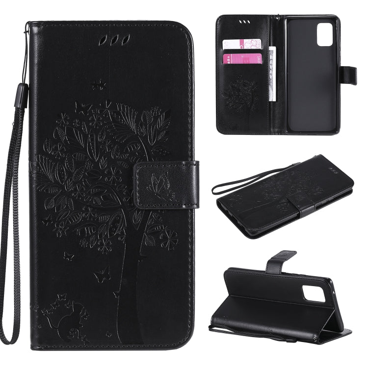 Custodia in pelle a ribalta orizzontale con motivo in rilievo albero e gatto con supporto e fessure per carte, portafoglio e cordino, For Samsung Galaxy A51 5G, For Samsung Galaxy A71 5G