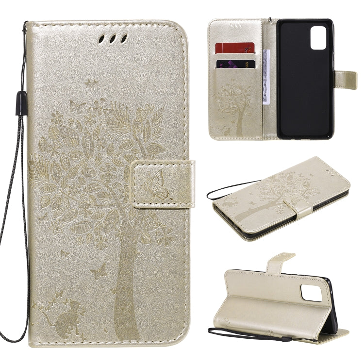 Custodia in pelle a ribalta orizzontale con motivo in rilievo albero e gatto con supporto e fessure per carte, portafoglio e cordino, For Samsung Galaxy A51 5G, For Samsung Galaxy A71 5G