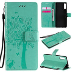 Custodia in pelle a ribalta orizzontale con motivo in rilievo albero e gatto con supporto e fessure per carte, portafoglio e cordino, For Sony Xperia L4, For Sony Xperia 10 II
