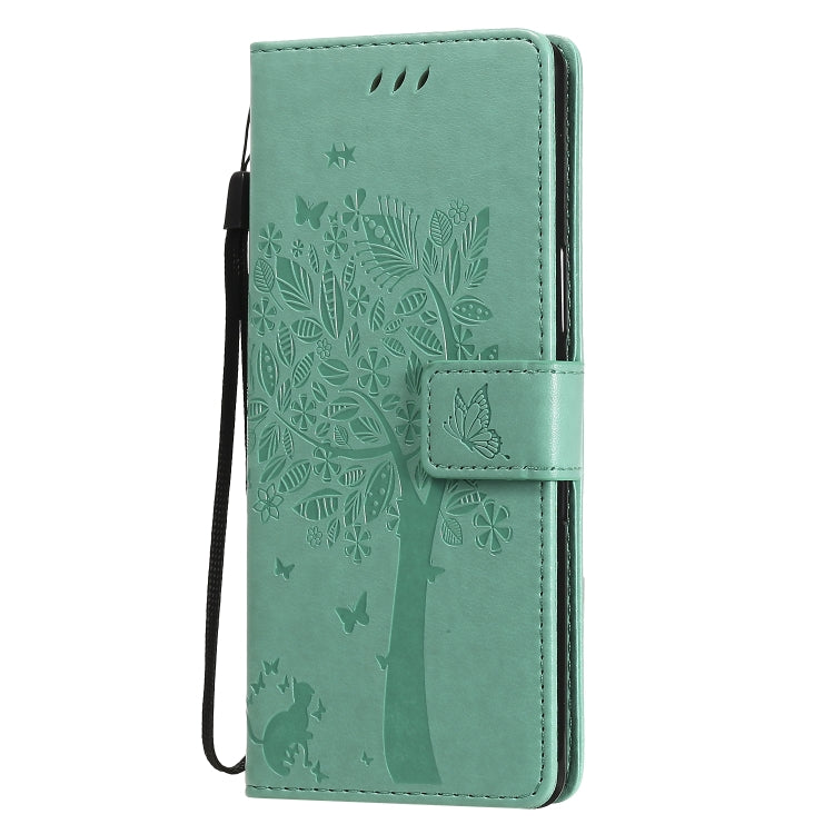 Custodia in pelle a ribalta orizzontale con motivo in rilievo albero e gatto con supporto e fessure per carte, portafoglio e cordino, For Sony Xperia L4, For Sony Xperia 10 II