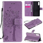 Custodia in pelle a ribalta orizzontale con motivo in rilievo albero e gatto con supporto e fessure per carte, portafoglio e cordino, For Sony Xperia L4, For Sony Xperia 10 II