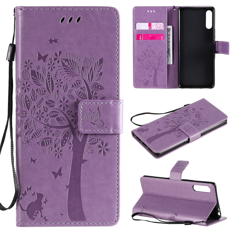Custodia in pelle a ribalta orizzontale con motivo in rilievo albero e gatto con supporto e fessure per carte, portafoglio e cordino, For Sony Xperia L4, For Sony Xperia 10 II
