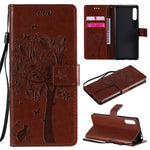 Custodia in pelle a ribalta orizzontale con motivo in rilievo albero e gatto con supporto e fessure per carte, portafoglio e cordino, For Sony Xperia L4, For Sony Xperia 10 II