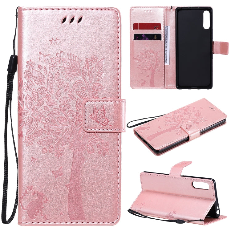 Custodia in pelle a ribalta orizzontale con motivo in rilievo albero e gatto con supporto e fessure per carte, portafoglio e cordino, For Sony Xperia L4, For Sony Xperia 10 II