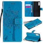 Custodia in pelle a ribalta orizzontale con motivo in rilievo albero e gatto con supporto e fessure per carte, portafoglio e cordino, For Sony Xperia L4, For Sony Xperia 10 II