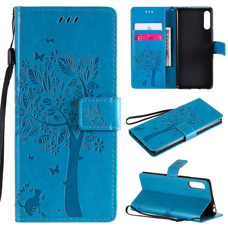 Custodia in pelle a ribalta orizzontale con motivo in rilievo albero e gatto con supporto e fessure per carte, portafoglio e cordino, For Sony Xperia L4, For Sony Xperia 10 II