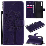 Custodia in pelle a ribalta orizzontale con motivo in rilievo albero e gatto con supporto e fessure per carte, portafoglio e cordino, For Sony Xperia L4, For Sony Xperia 10 II